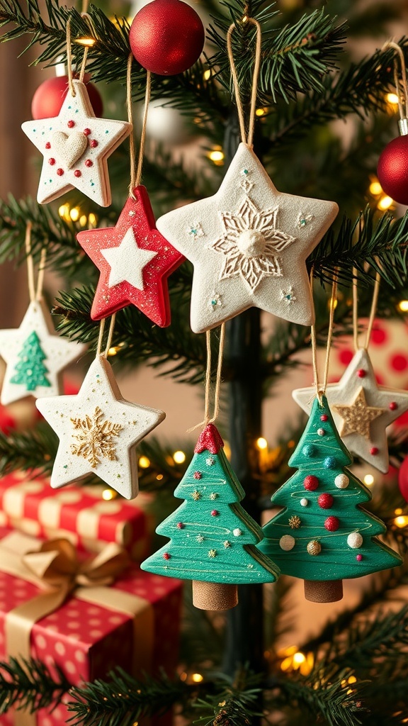 Colorful homemade flour Christmas ornaments hanging on a decorated tree.